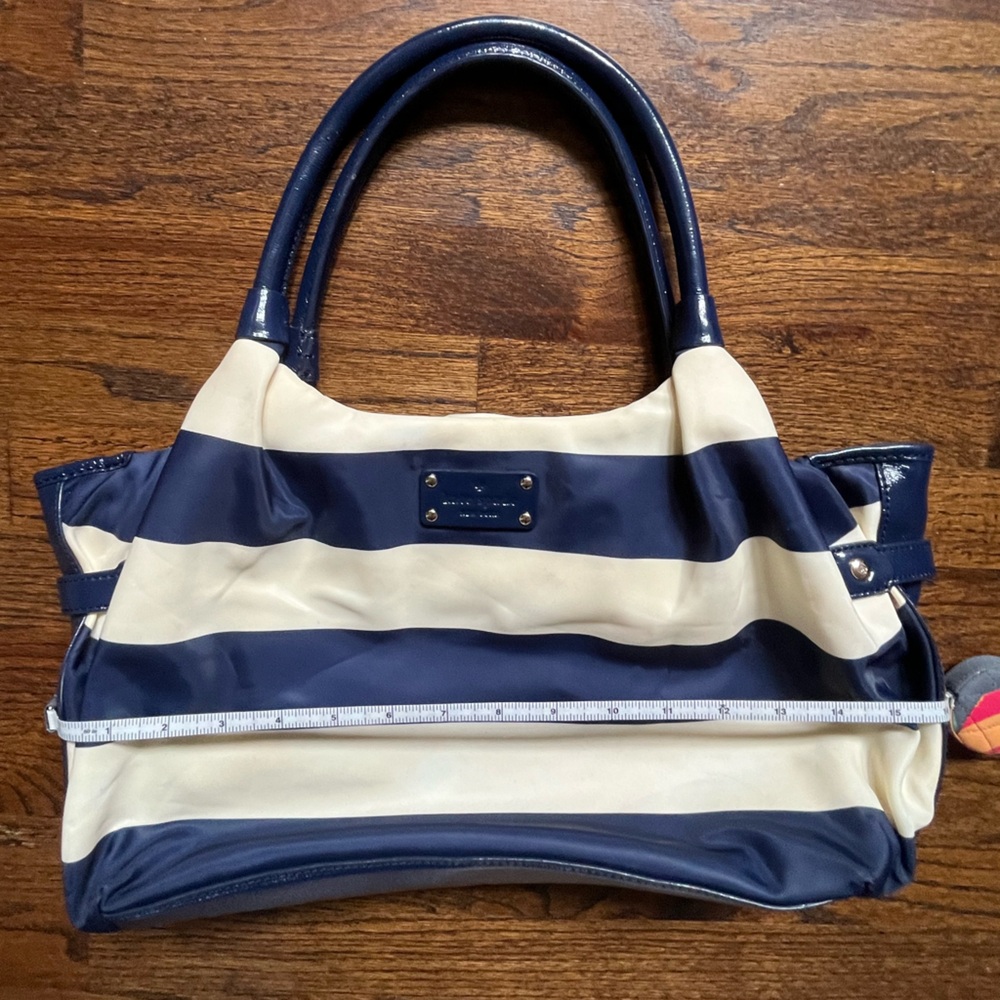 Kate Navy and Cream Sateen and Parent Leather Striped Bag - Picture 6 of 13